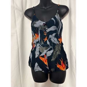 Beautiful PATRONS of Peace navy tropical criss cross smocked tank with spaghetti